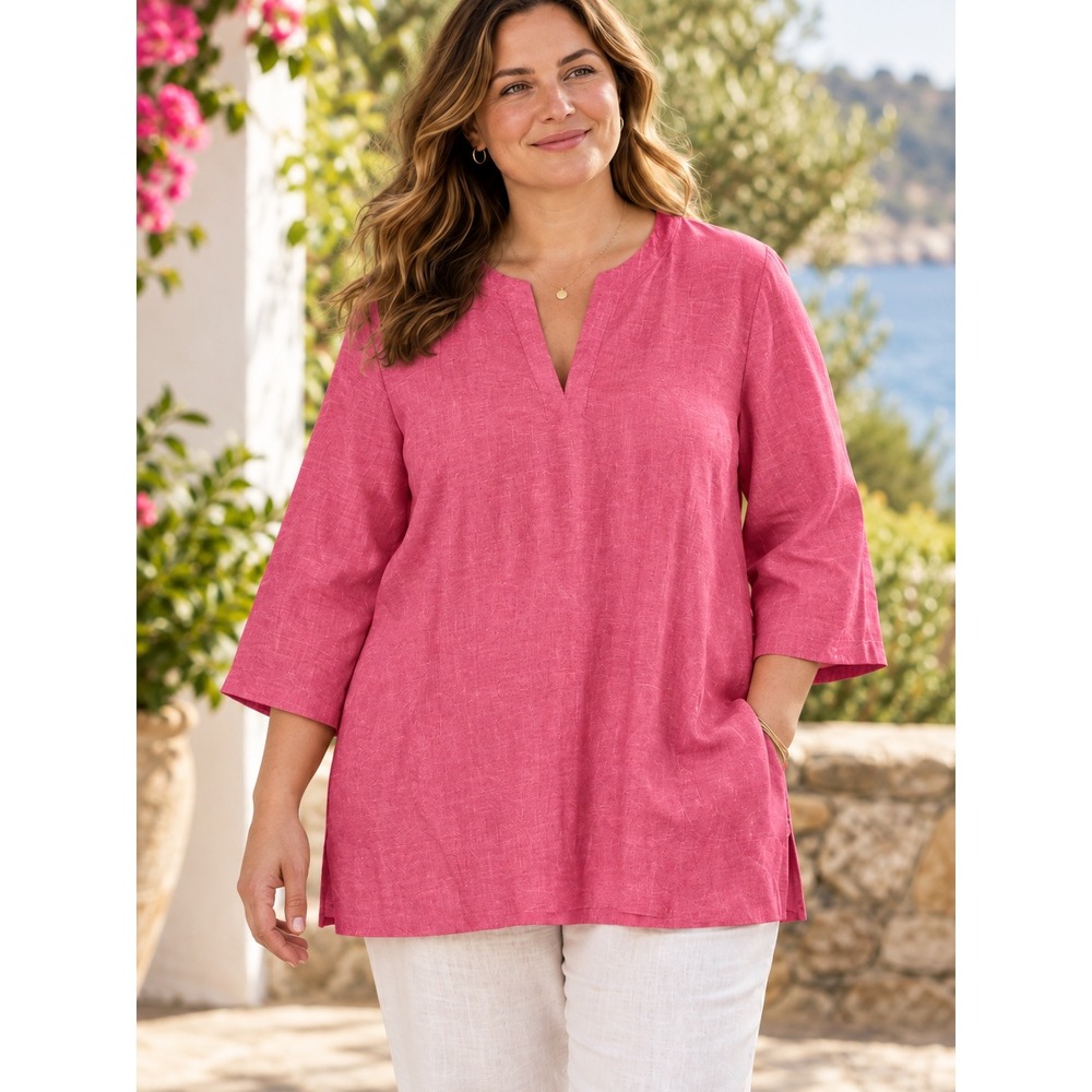Lands End Linen Blend Split Neck Tunic Women Large Pink Pockets 3/4 Sleeve